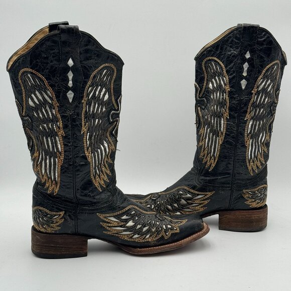 Corral Vintage Mens 10M Cowboy Boots Square Toe Western Embroidered Wings Cross - Picture 7 of 12